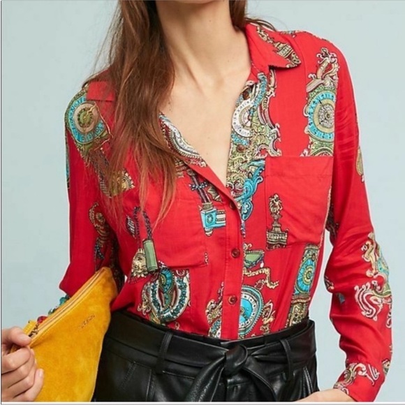 Anthropologie Maeve Size 2 Red Whimsy Printed Clock Sun Button Down Shirt Blouse - Picture 3 of 17